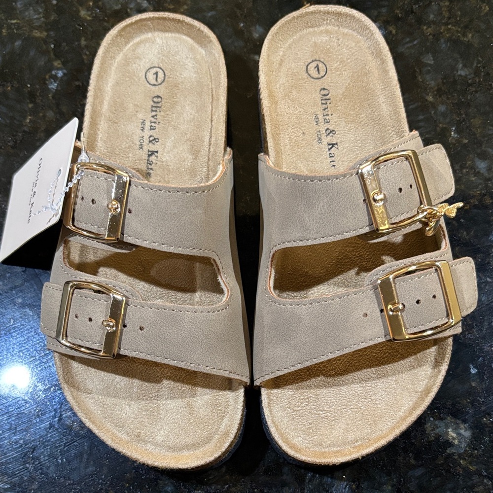 Olivia & Kate Taupe Double Buckle Slide Sandals